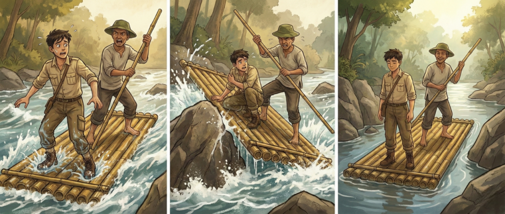 ilustrasi rakit bambu di atas sungai