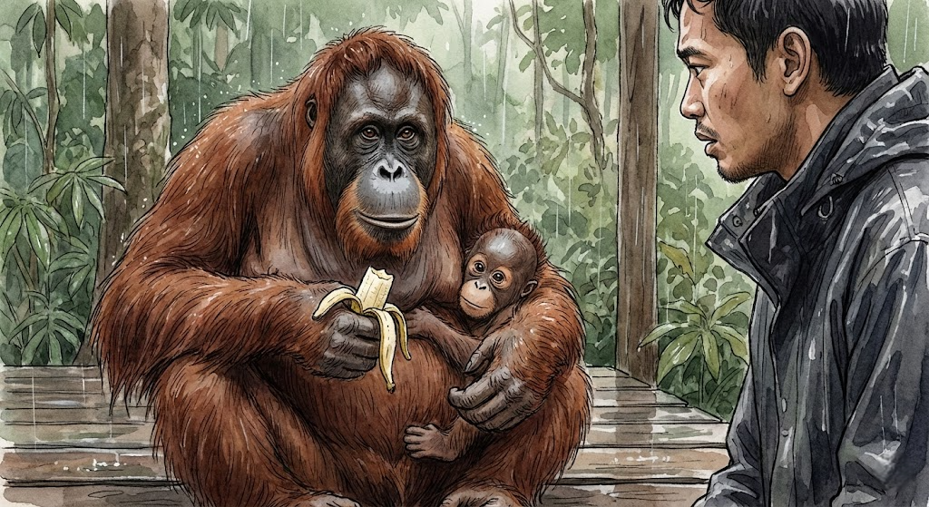 orangutan kalimantan di tanjung puting yang tampak bersedih