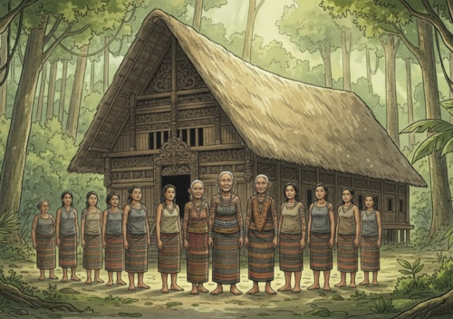 ilustrasi wanita dayak telinga panjang - desa budaya pampang