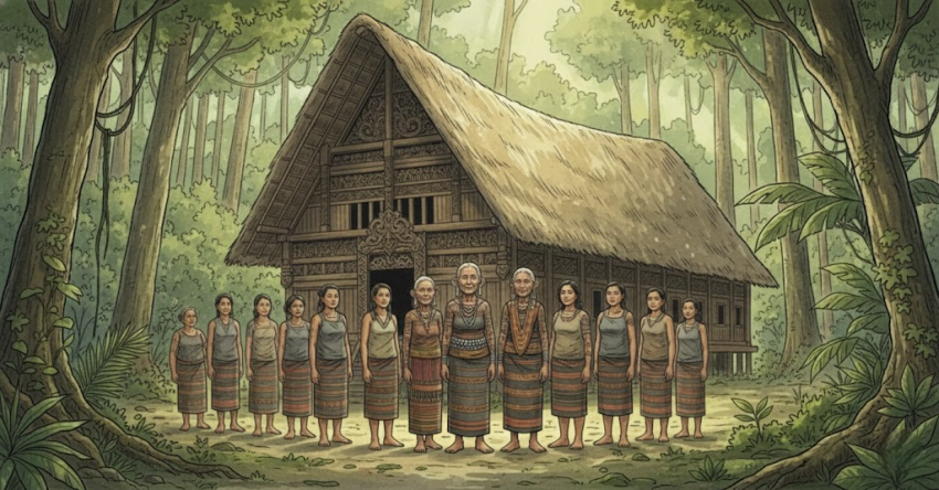 ilustrasi wanita dayak telinga panjang - desa budaya pampang