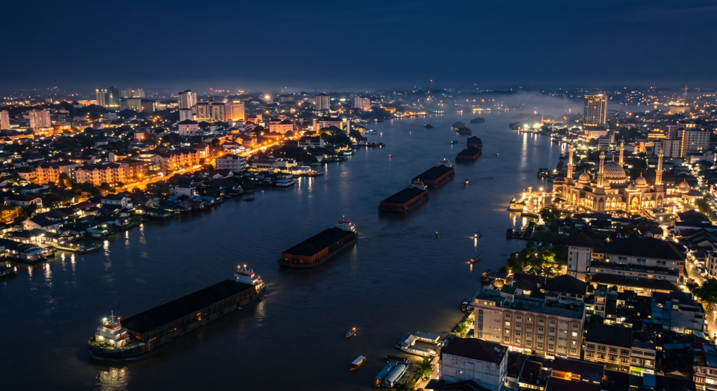 kapal tongkang di sungai mahakam