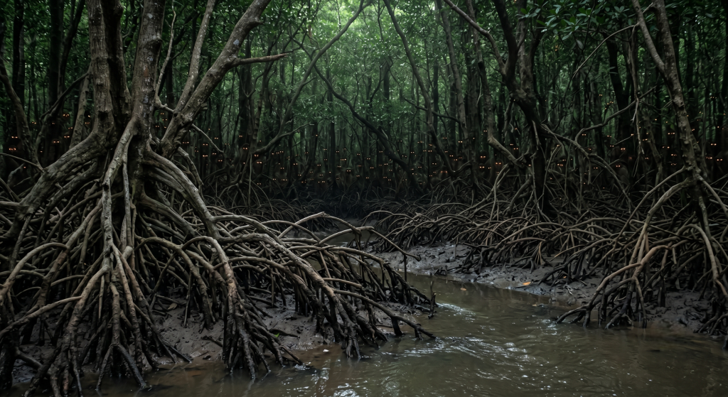 pohon bakau di pulau kembang dengan siluet ribuan mata kera di balik pohon.
