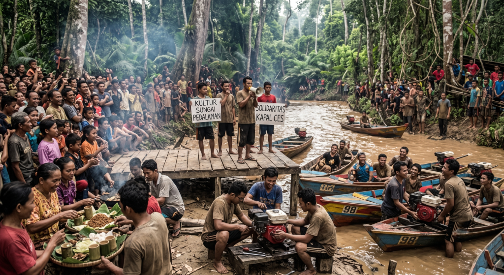 warga sedang menonton balapan kapal di tepi sungai